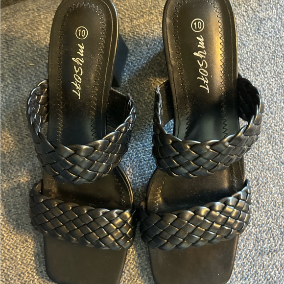 Braided Heeled Sandals Backless Square Open Toe Block Slide Sandals - Picture 4 of 9